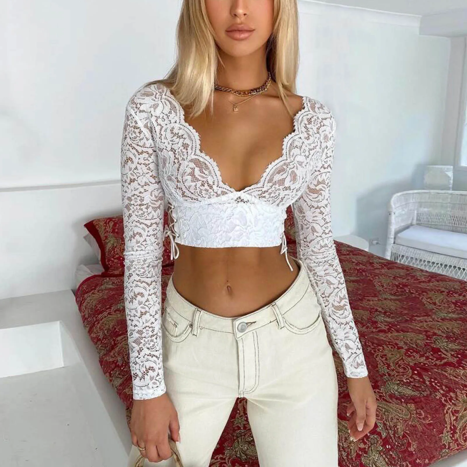 

Tops Fashion Women Sexy Bandage Floral Lace Hollow Out Blouse Blusas Mujer Ladies Casual Long Sleeve V-Neck Tops Ropa Mujer