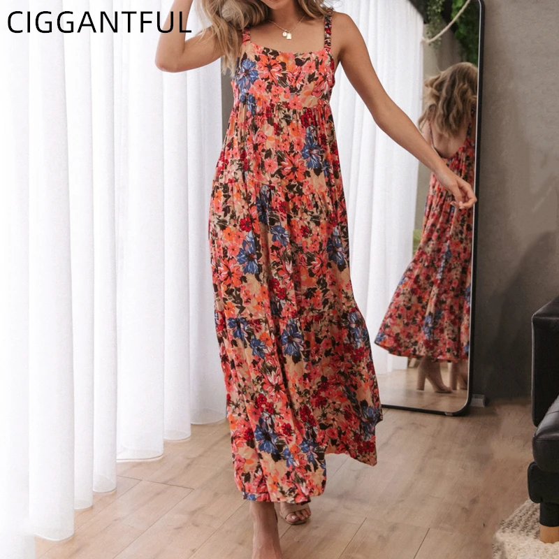 

Весна-лето, повседневное женское платье на тонких бретелях, без рукавов, с цветочным принтом, длинное богемное платье с открытой спиной, оде...