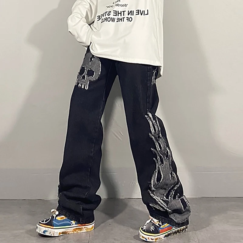 

Dark streetwear Wash Jeans Women's Spring 2021 New High Waist Trendy Straight Tube Wide Leg Skeleton Denim Pants