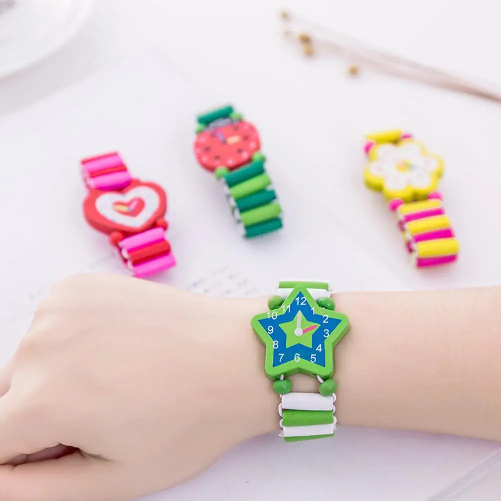 Juguetes artesanales de madera para ni&ntilde;os, juguetes de aprendizaje y educaci&oacute;n, relojes el&aacute;sticos de dibujos animados, fiesta que apoya a los ni&ntilde;os, pulsera de juguete, regalo-2
