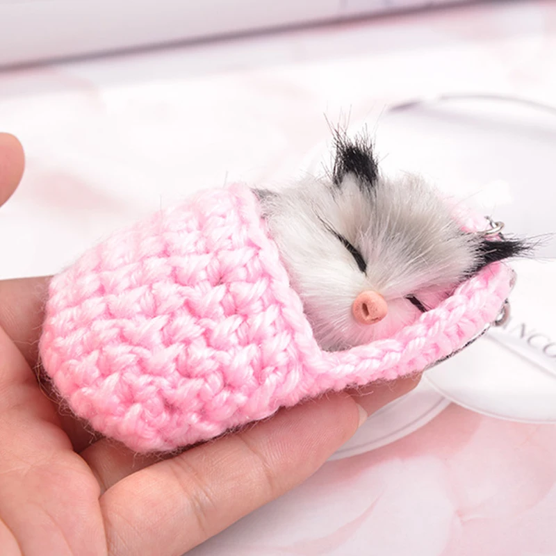 Cute Sleeping Cat Pompom Keychains Women Girls Handmade Woven Slipper Faux Fur Kitten key Rings Fluffy Bag Car Pendants Gift | Украшения и