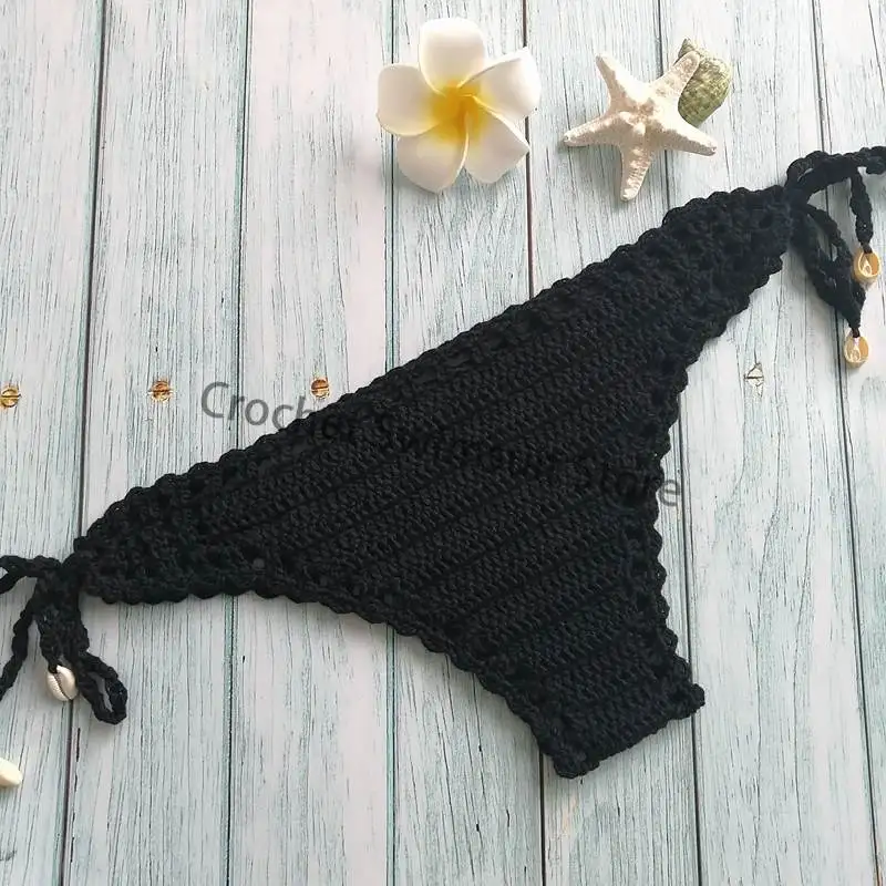 black Женские хлопковые Плавки бикини, уникальные сексуальные вязанные крючком бикини, стринги, открытая низкая талия, купальный костюм, треугольные купальные плавки, плавки - Цвет: black
