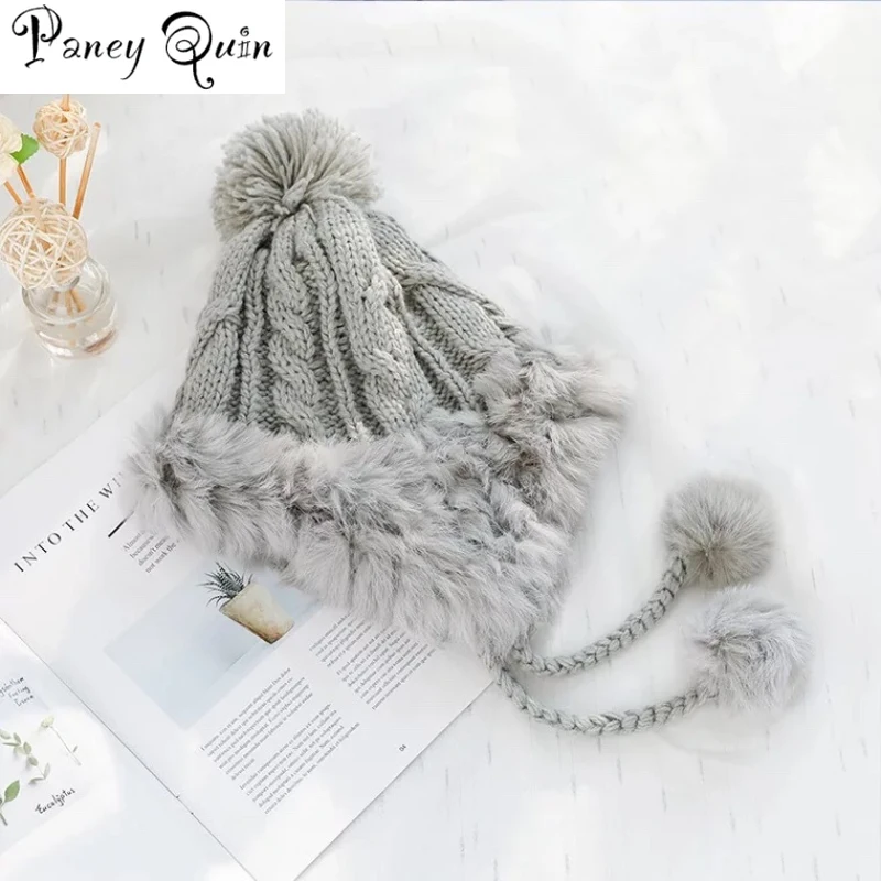 rabbit fur hat for women fluffy earflap ear caps skiing ear protection ball headgear warm beanies knit hat fur bomber hat women free global shipping