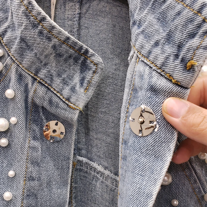 

Fashion Women Pearl Denim Vest Streetwear Beading Single Breasted Short Waistcoat Loose Boyfriend Blue Sleeveless Jean Jacket