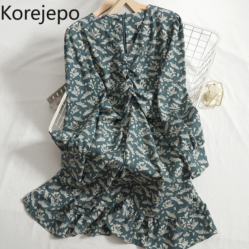 

Korejepo Korean Style Floral Dress Fashion Women Spring and Antumn 2022 New Slim A-line Ruffle Pleated V-neck Versatile Dresses