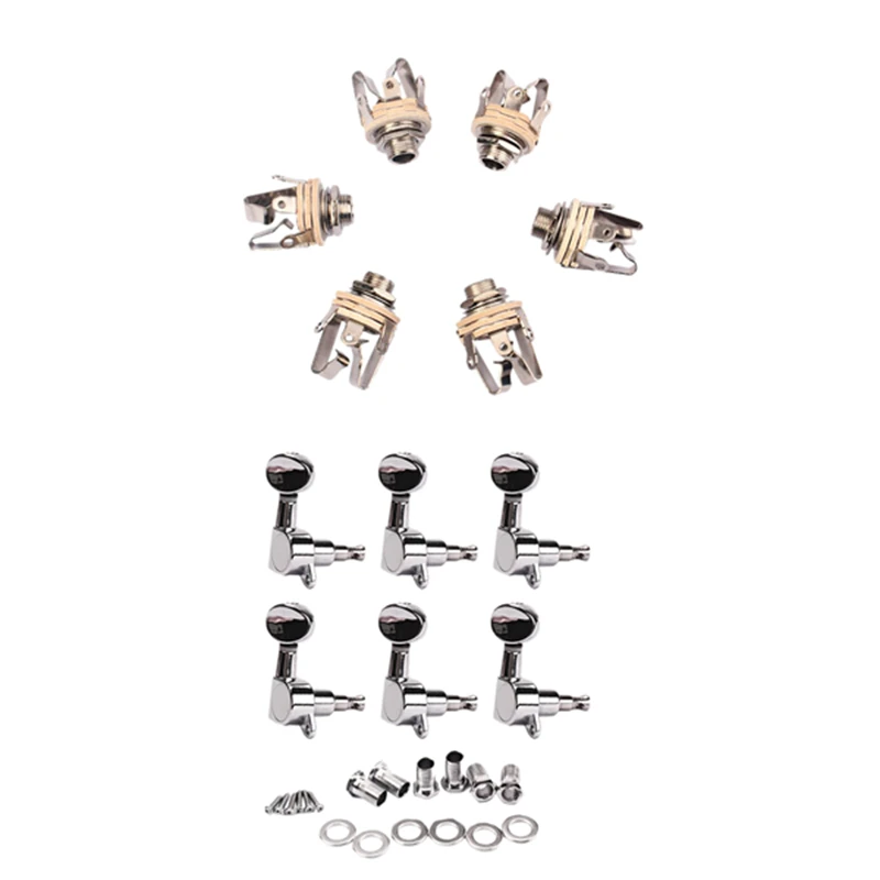 

6Pcs Guitar Jack Dual Channel Jack 6.3mm & Electric Guitar String Quasi-Stringter Silver 6 Right-Hand Tuner String 6R