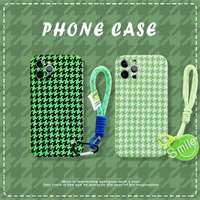 fluorescent green houndstooth for iphone13 plush soft shell simple fashion lanyard mobile phone case creative small fresh style