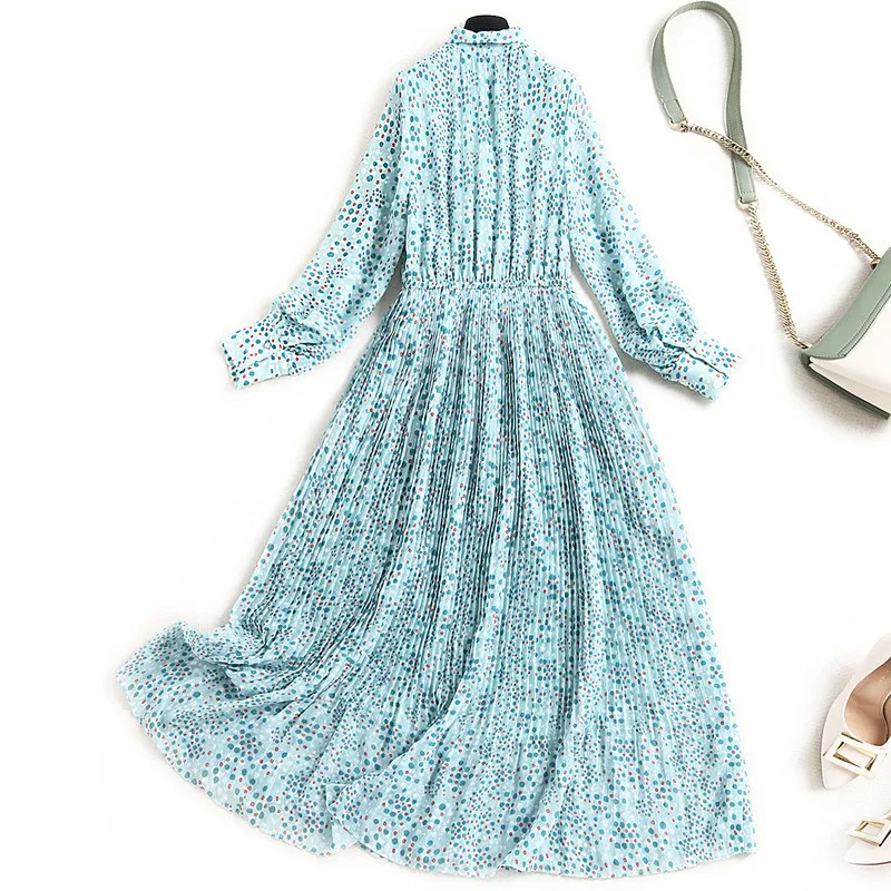 

Fashion Runway Designer Spring Elegant Print Chiffon Dress Long Sleeve Bow Collar Holiday Beach Robe Femme Women Pleated Vestido