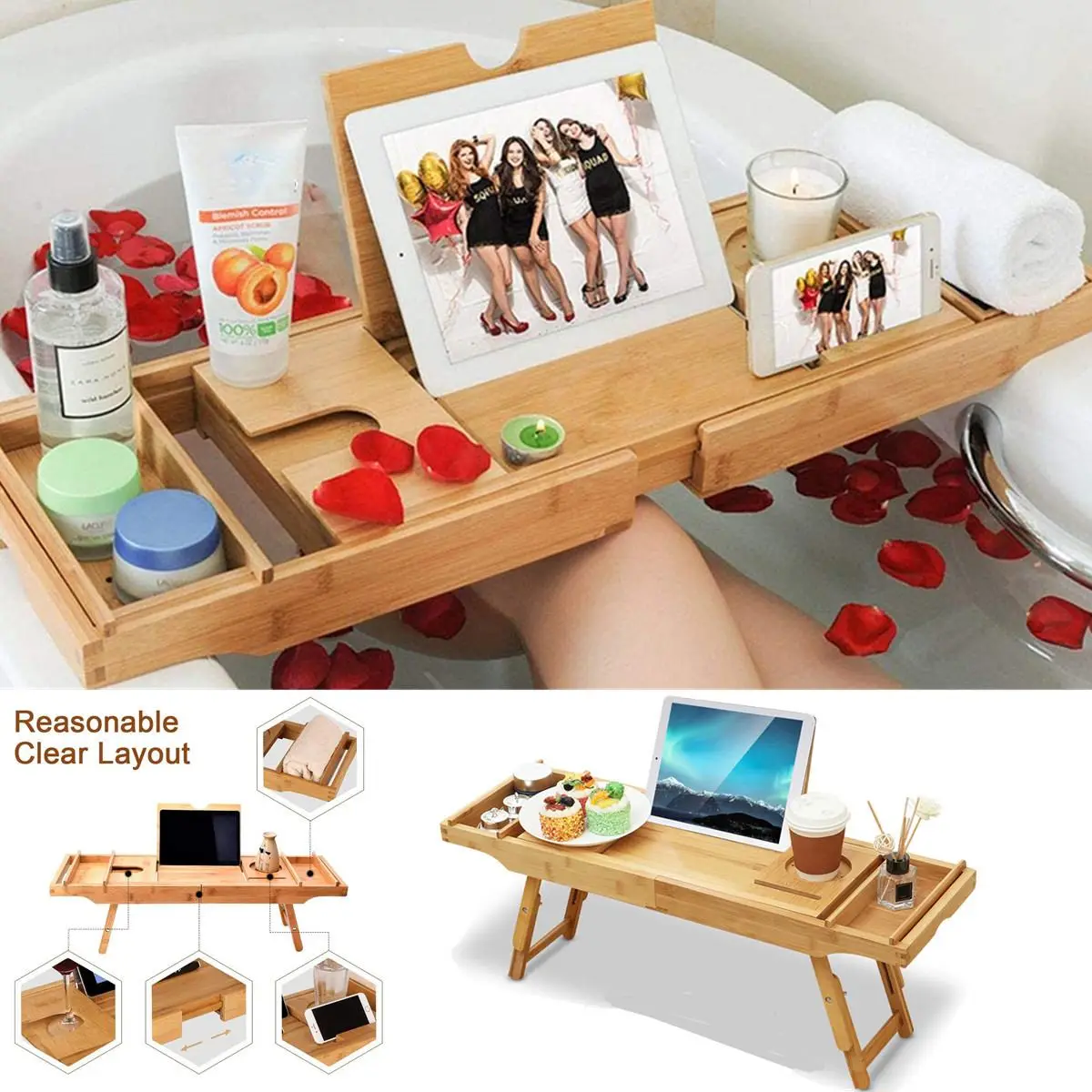 

Extendable Bathroom Shelf Bathtub Tray Shower Caddy Bamboo Bath Tub Rack Towel Wine Book Holder Storage Organization Accessories