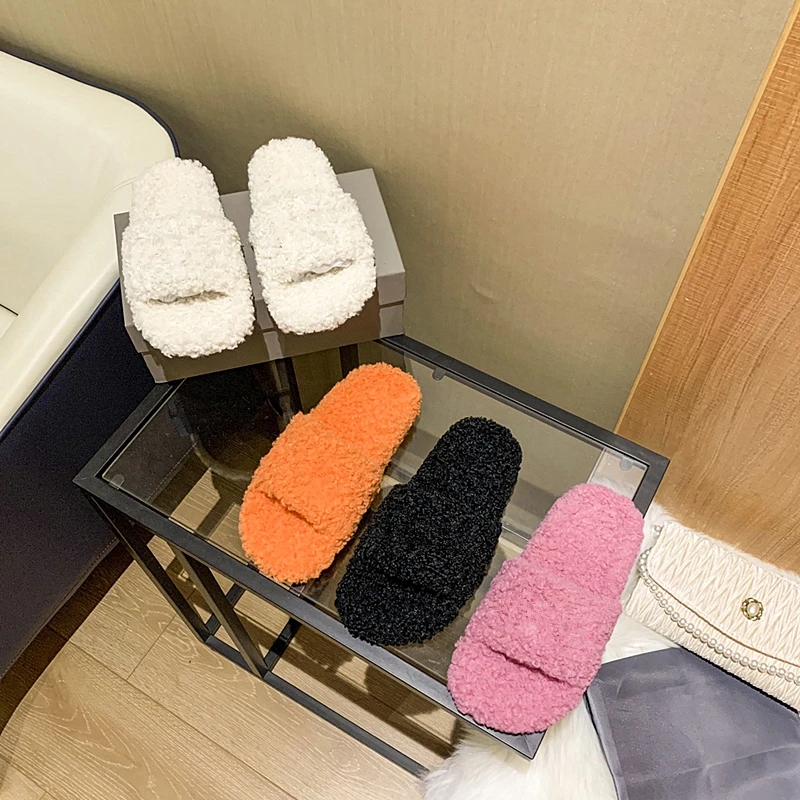 

2021 новые модные дизайнерские зимние теплые шерстяные тапочки на плоской подошве женская обувь