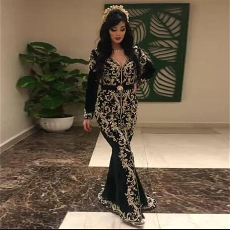 

Black Mermaid Moroccan Kaftan Evening Dress 2021 Muslim Dubai Arabic Prom Dress Gold Lace robes de soirée