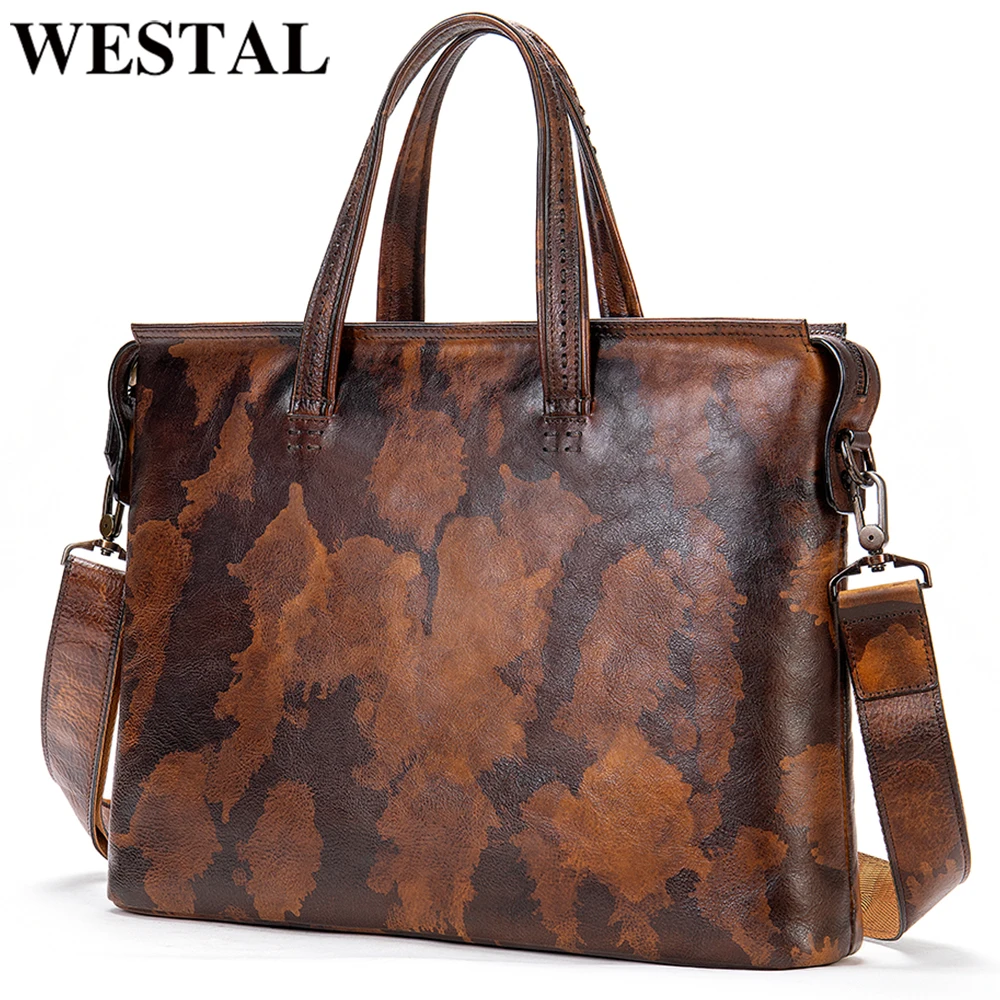 WESTAL Business Men's Bag Genuine Leather Briefcases for Laptop Bag 14 Totes Bag Leather Men Briefcase Shoulder Bag for Document