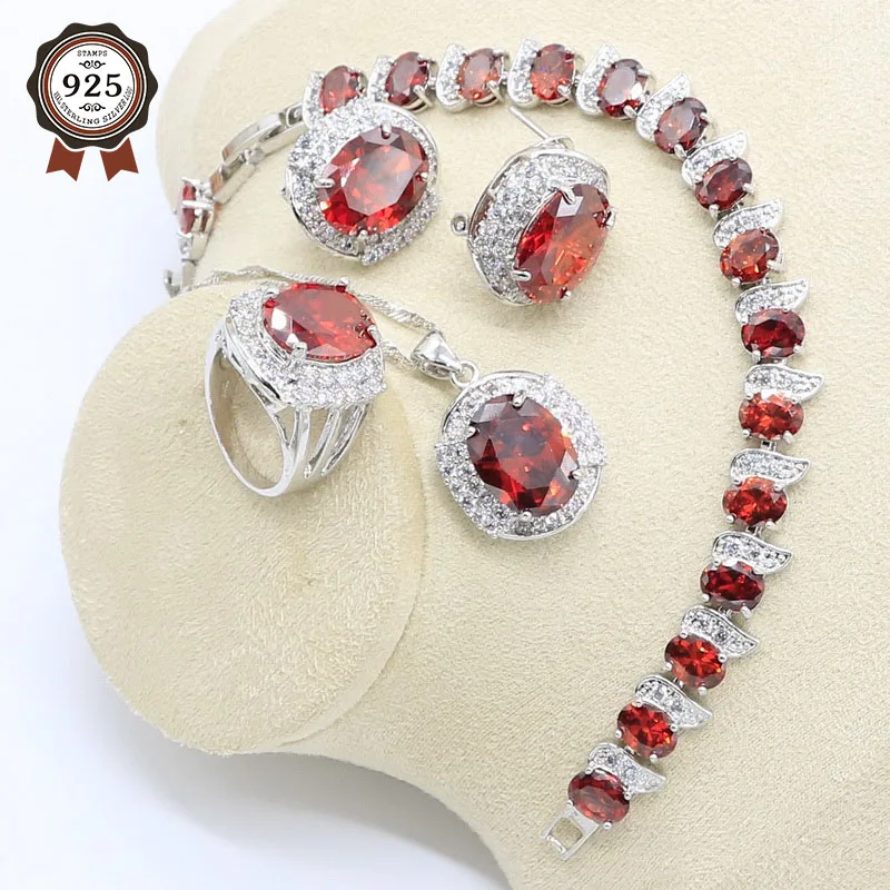 Геометрические красные циркониевые Серебристые цветные ранние браслет кольцо серьги ожерелье подвеска