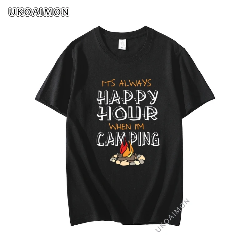 

Happy Hour When I'm Camping Simple Style Retro T-Shirts Fitness Tight Oversized T-Shirt Youth Pure Cotton TShirts Summer Autumn