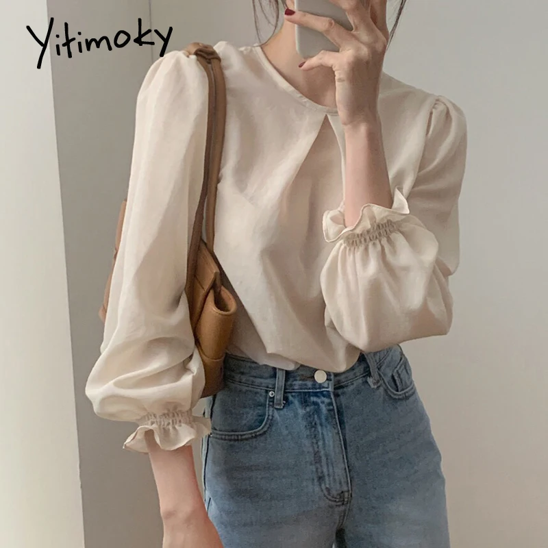 

Женская блузка Yitimoky, с длинным рукавом, круглым вырезом, свободная, с оборками, одноцветная, весна-лето, 2021