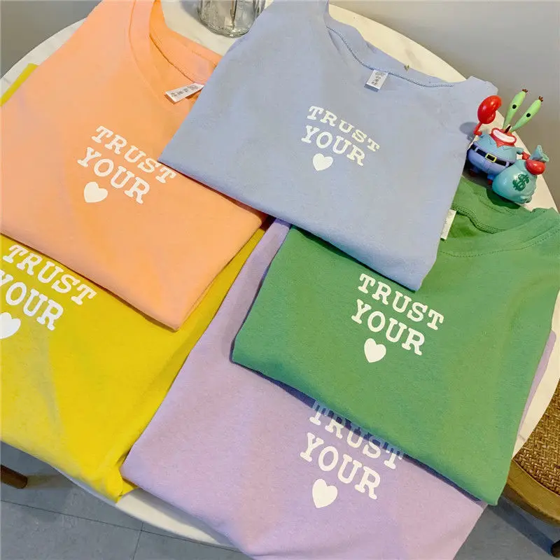

New super fire short sleeve T-shirt women Summer student sisters outfit Cute wings on back tshirt Pure cotton crew neck top 2021
