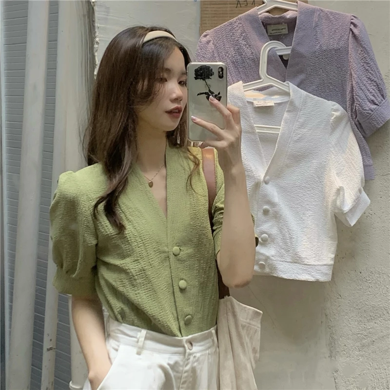 

Women's Blouses Summer Tops New V-neck Shirts Loose Korean Chiffon Solid Color Short Sleeve Fashion Casual