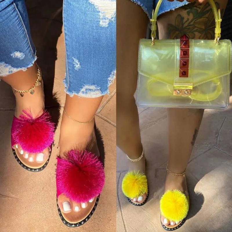 

2020 New Summer Women Cute Ladies Fox Fur Sandals Spherical Flat Non-slip Outdoor Fashionable Slippers Home
