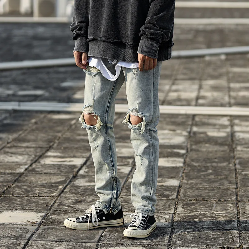 

ICCLEK Autumn Retro High Street Jeans Washed Distressed Slim Pants Hip Hop Ripped Jeans Slim Men's Casual Pants Patchwork Jeans