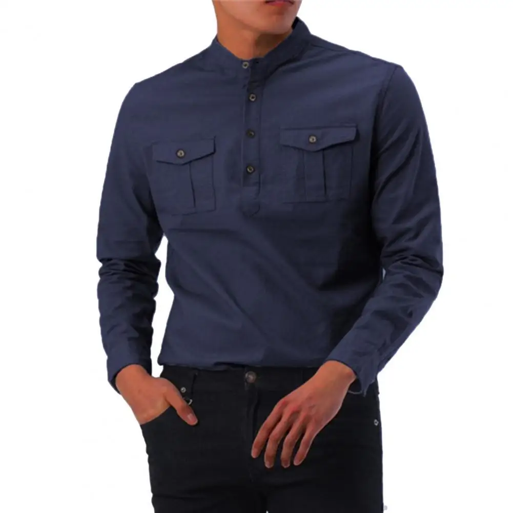 

2021 Western Style Men's Autumn Slim Pullover Tooling Multi-pocket Stand-up Collar Solid Color Long Sleeve Shirt Streetwear
