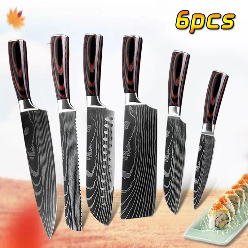 6pcs Damascus Pattern Utility Knives Set Sharp Chef Chopping Boning Cleaver Kitchen Knives Non-slip Handle