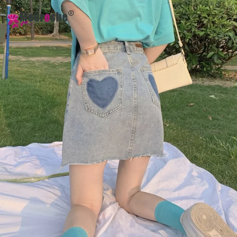 

Moeroshe 2021 Casual Plus Size Love Print Pocket Mini Denim Skirt Summer New High Waist A-line Short Skirt Female Woman Skirts