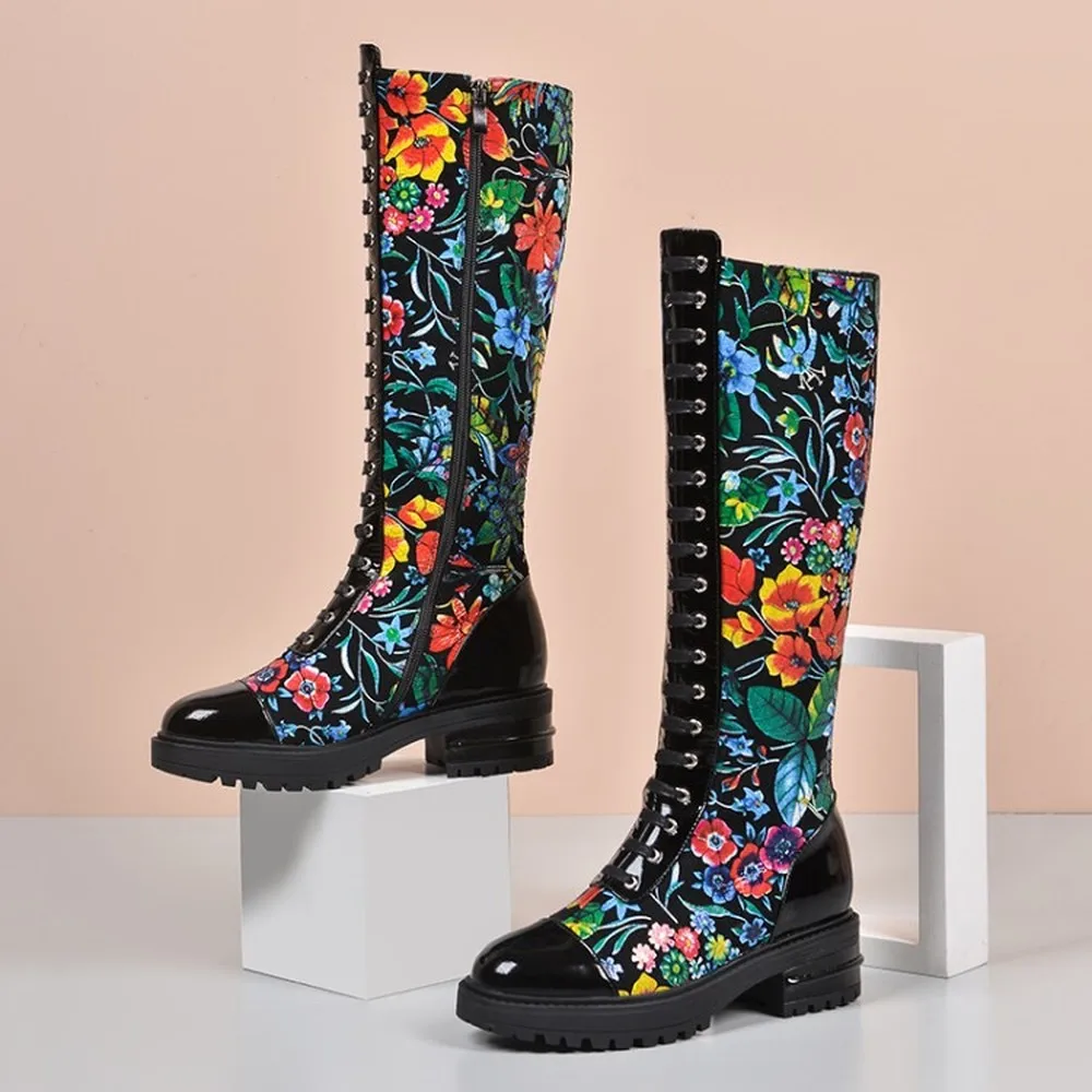 

Womens Ankle Boots Stretchy Printed Floral Mixed Colors Genuine Leather Mid Heel Shoes Lace Up Round Toe British Style Plus Size