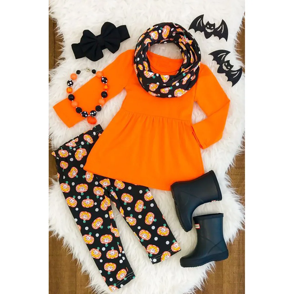 Одежда для маленьких девочек платье с длинными рукавами на Хэллоуин + штаны