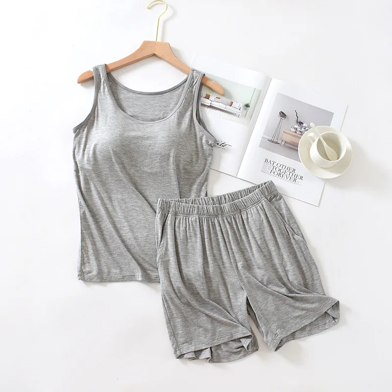 New Sleeveless Sexy Top + Shorts Sleepwear Set Modal Cotton Pajamas Women Bra Padded Nightwear Pijamas Comfortable Night Suit
