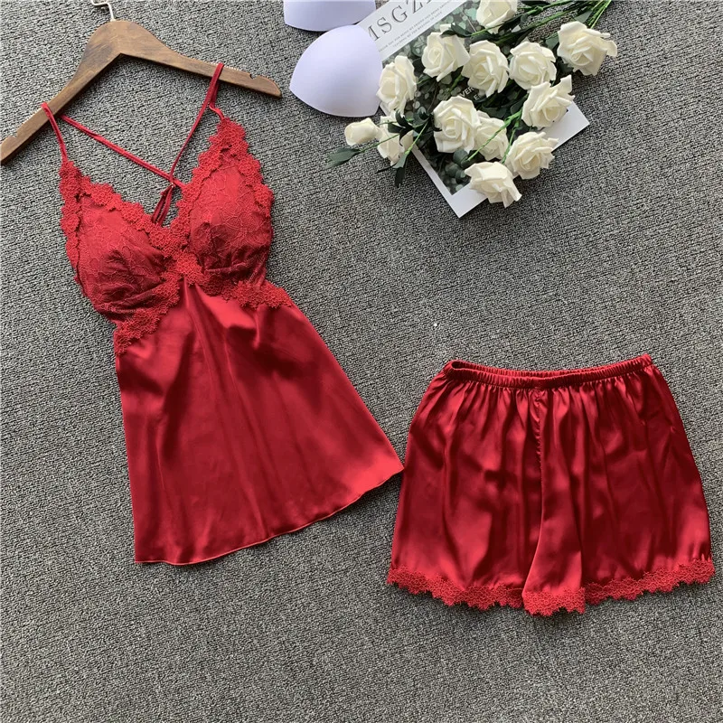

2020 New Sexy Spring Nightdress Shorts Pajamas Twinset Sweet Lace Sexy Reveal Back Silk Pyjamas