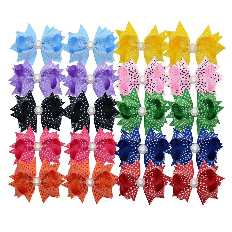 3 Inch Polka Dots Bows for Girls Kids Child 10 Pairs Grosgrain Hair Pearl Barrettes Boutique Accessory Wholesale | Детская одежда и