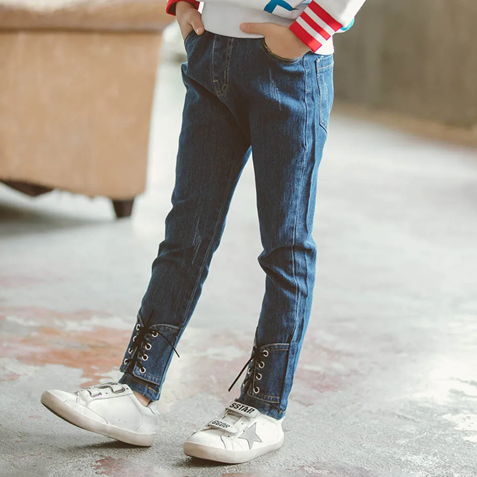 Джинсы для девочек модные джинсы в стиле пэчворк с бантом на завязках детей