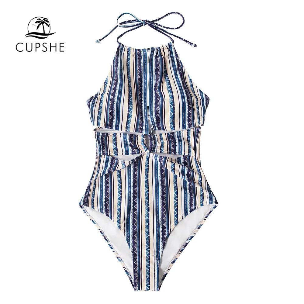 CUPSHE Boho полосой Холтер Вырез Цельный купальник женский сексуальный открытая спина кружева Монокини Девушки Пляж купальный костюм Купальники