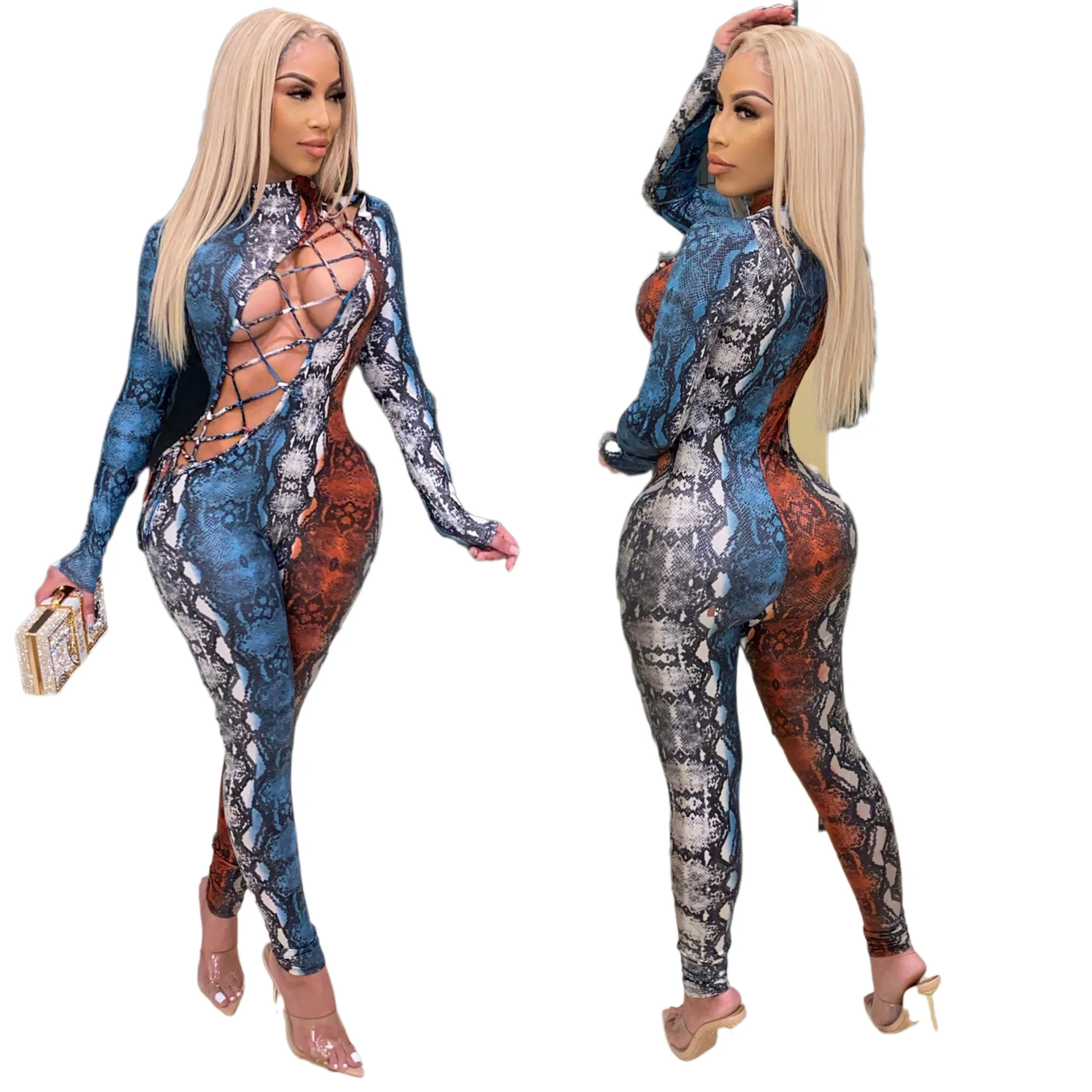 

33CY1298 Autumn Winter Women Sexy Fashion Hollow Out Bandage Patchwork Print Club Outfits Jumpsuit Playsuit Rompers Plus Size