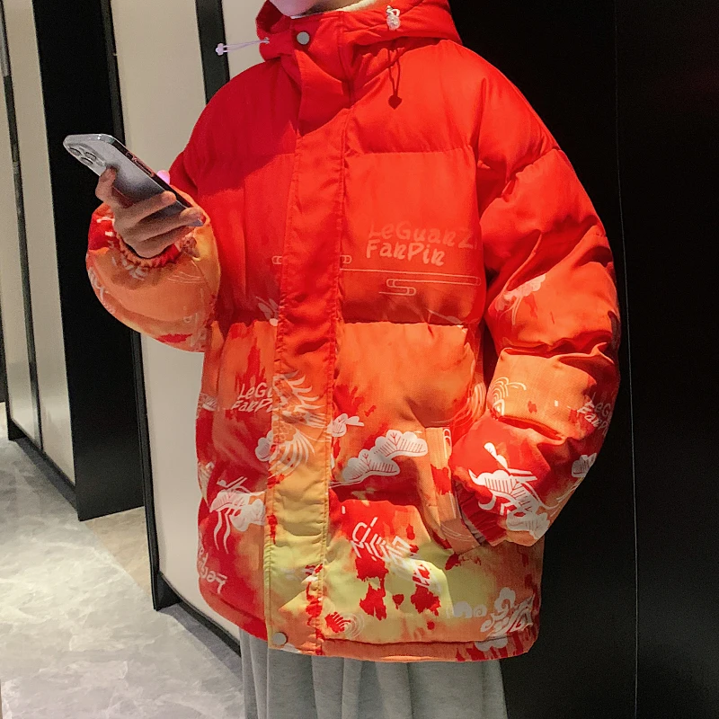 

Winter new casual fashion parka coat jacket men windbreaker jacket printing hooded thick warm jacket clothes men