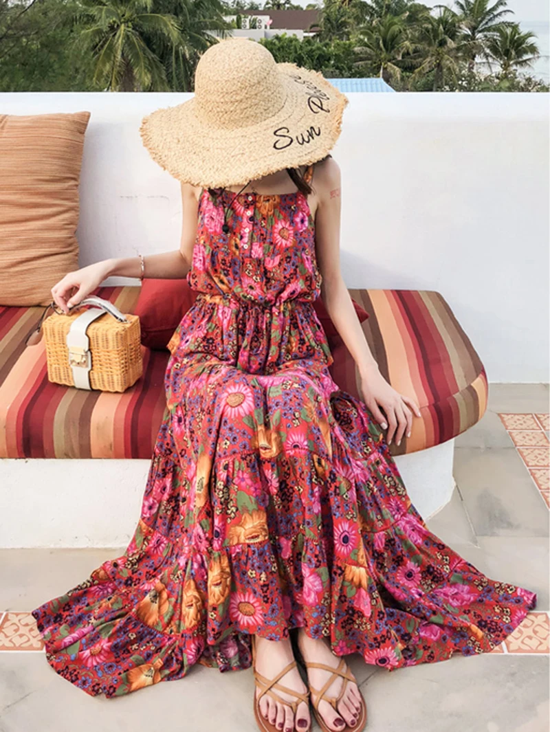 TEELYNN Макси бохо платье красный цветочный принт летние платья эластичная талия
