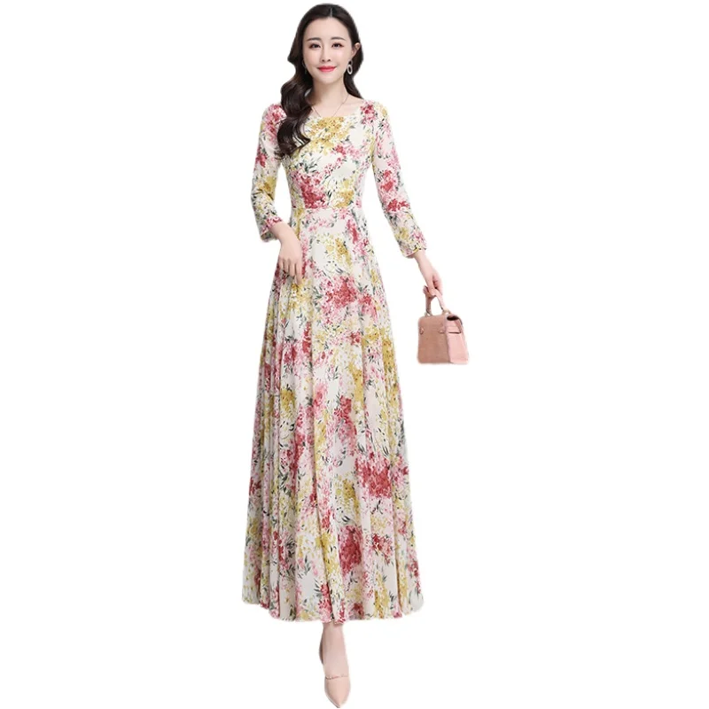

Fashion Dress New Large Size Long Sleeve Elegant Printed Chiffon Dresses Real Shot 2021 Spring Autumn Clothes Blue Pink Yellow