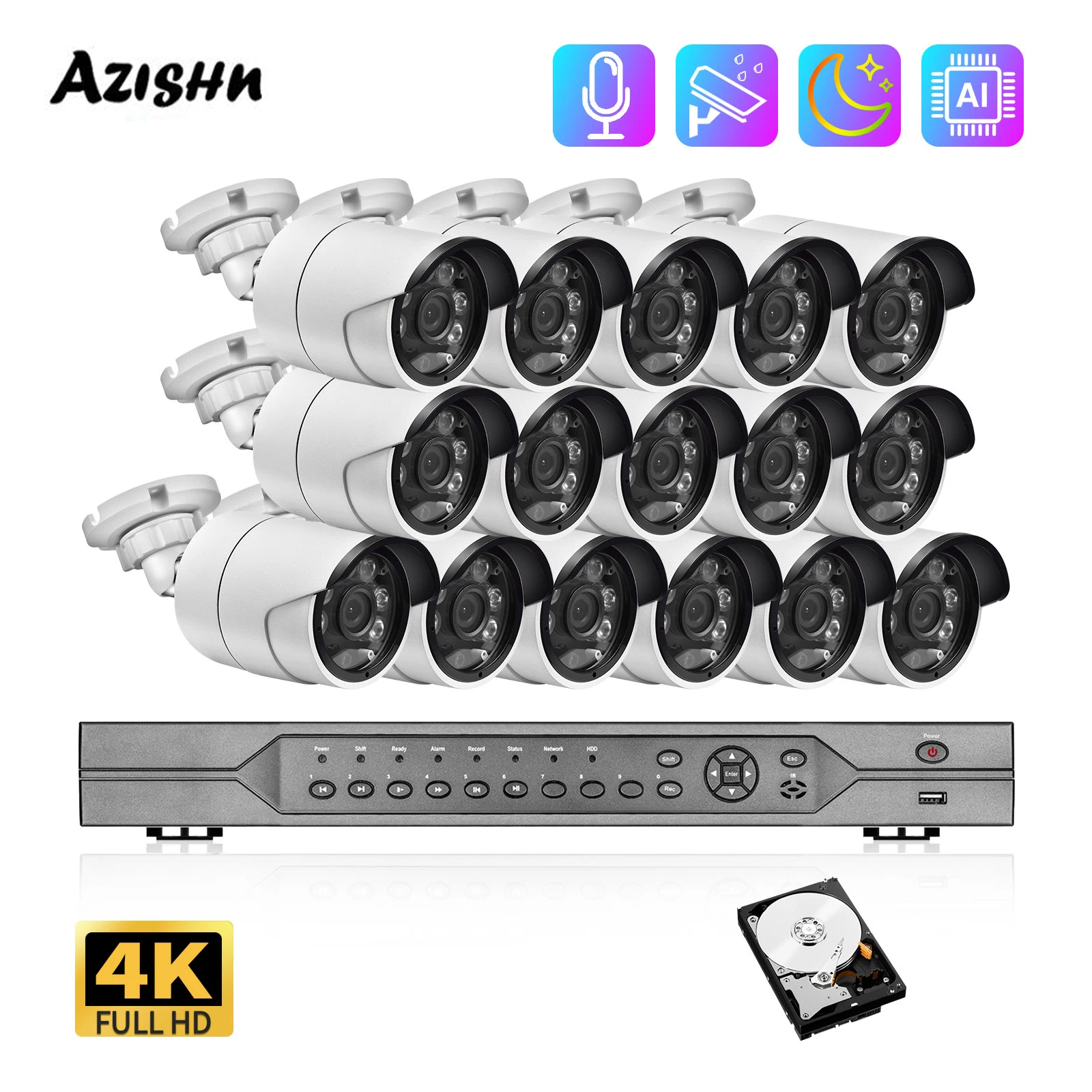 

Комплект видеорегистратора AZISHN, 16 каналов, 4K, 8 Мп, POE, H.265, IP-камера системы видеонаблюдения, цветное ночное видение, аудио, обнаружение людей, ...