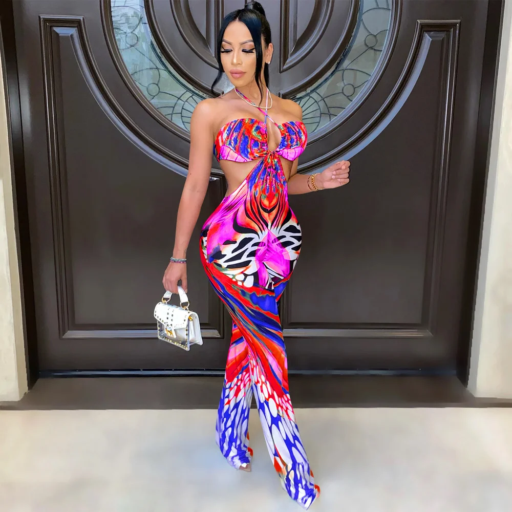 

Женский Облегающий комбинезон с поясом, летняя одежда для отпуска с вырезом на талии, Клубные комбинезоны-клеш с открытой спиной и лямкой на...