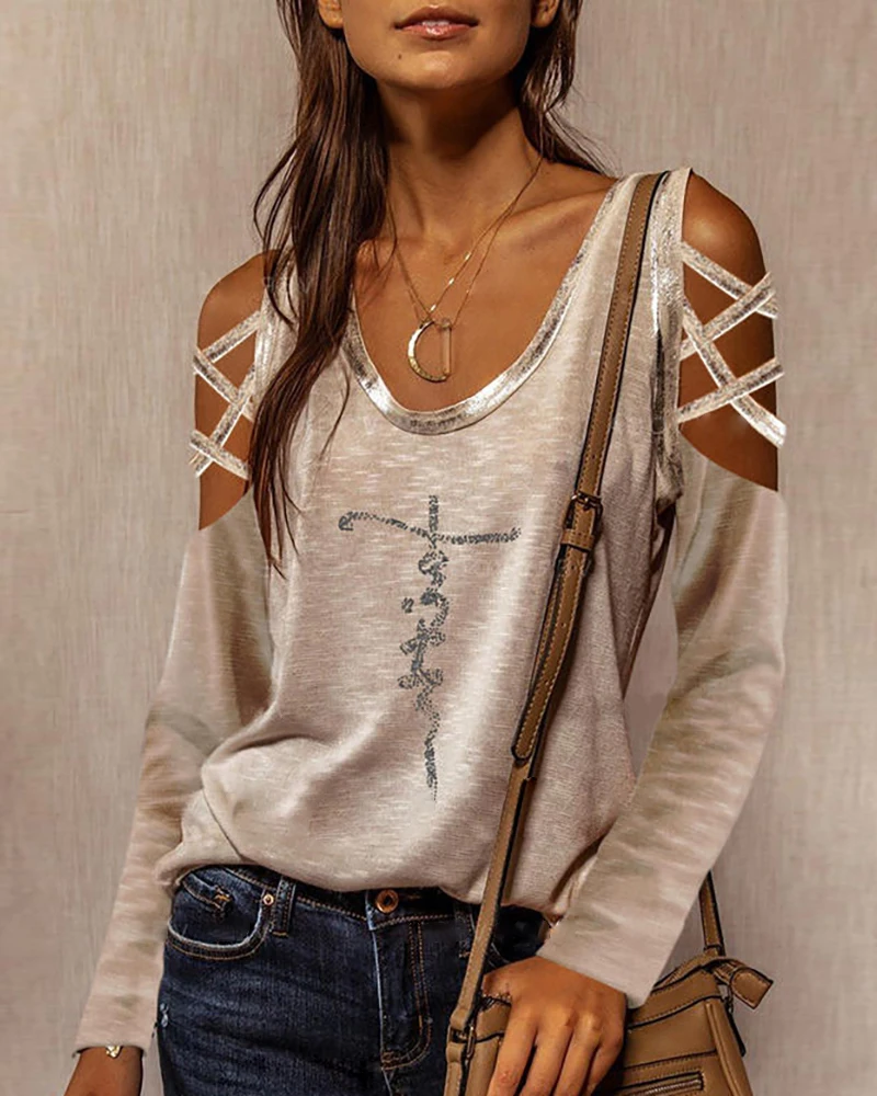 

2021 Women Plus Size Long Sleeve V-Neck Shirt Female Black Solid Letter Pattern Print Lace-up Top