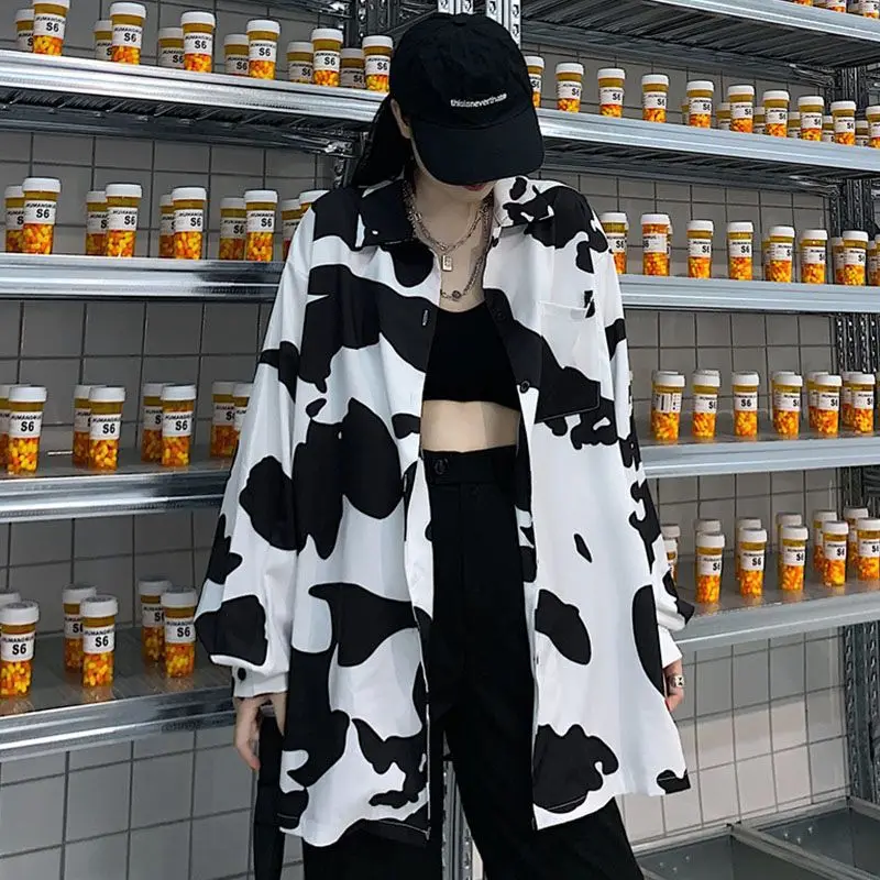 

autumn Summer shirt Women cow print sunscreen long-sleeve shirts Harajuku style BF fashion loose oversized casual blouses