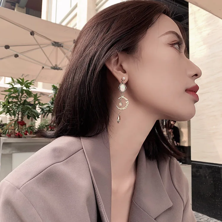 Классические Женские Висячие серьги с кристаллами и луной асимметричные капли