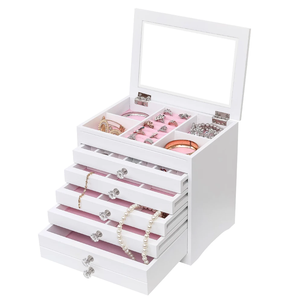 High Large Gloss Wooden Jewellery Box Armoire Bracelet Organizer Storage 5 Layers Glass White Wooden Multi-layer Jewelry Box