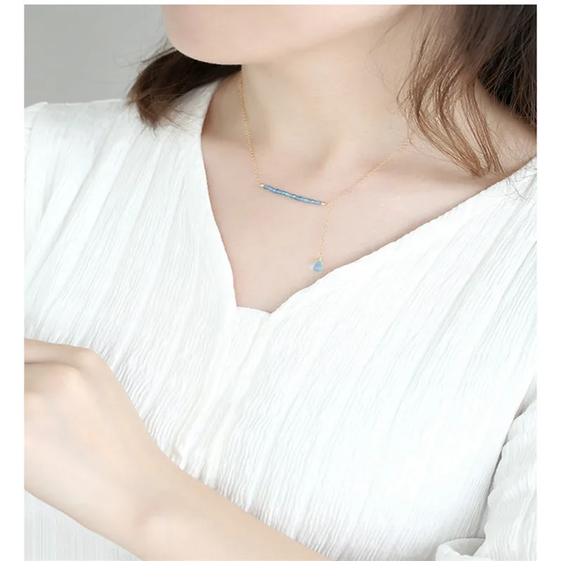 DAIMI Sky Blue Topaz Necklace Female gemstones Genuine Yellow 14K Gold Injection Pendant Gift | Украшения и аксессуары