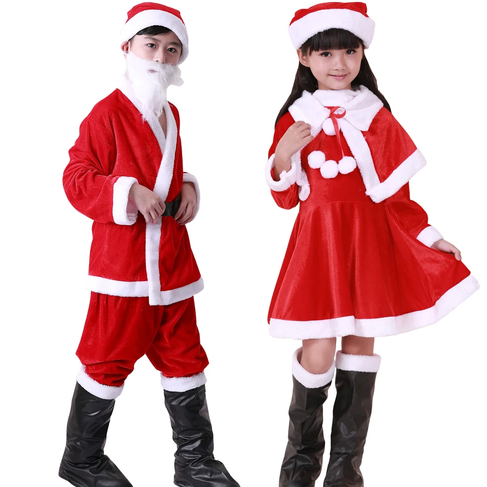 

Christmas Velvet Kids Boys Red Santa Claus Costume Christmas Party Gift Giver Cosplay Clothes Top Pant Hats