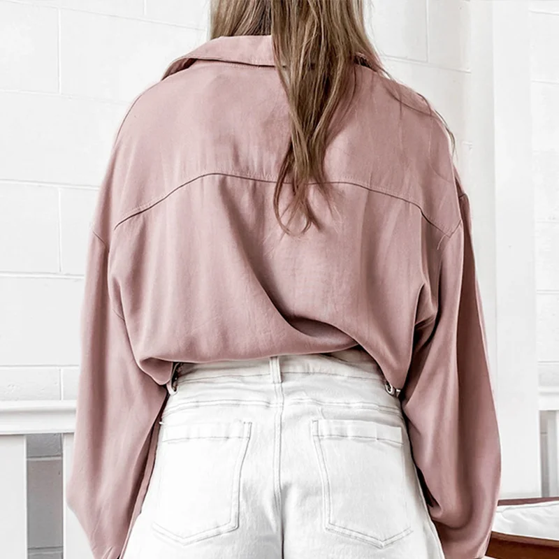 

Women Turn Down Collar Bat Sleeve Shirts Drawstring Button Pockets Loose Ladies Shirts 2021 Autumn Solid Casual Female Crop Tops