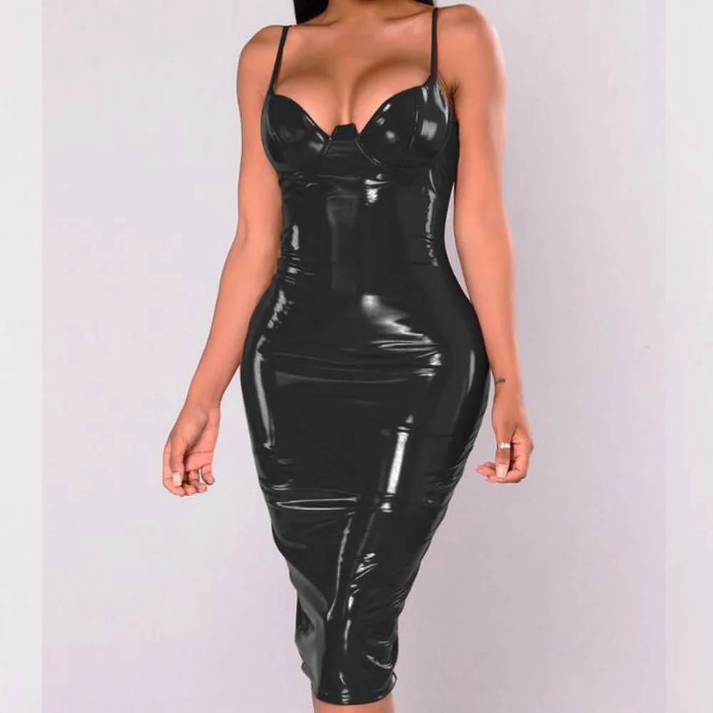 Сексуальное черное облегающее из искусственной кожи платье для женщин на тонких