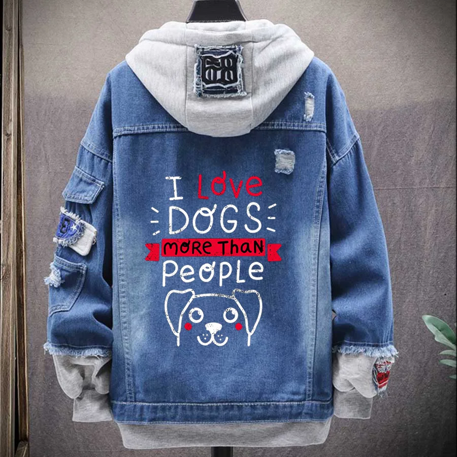 Jean Jackets I Love Dogs More Than People Denim Jacket Men Hip Hop Vintage Autumn Korean Couple Clothes Streetwear Jeans Coat | Мужская