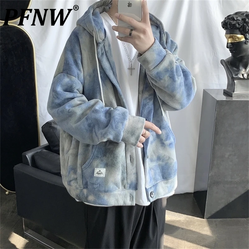 

PFNW Tie Dyed Cardigan Hoodie Sweater Men's Korean Fashion Loose All-match Hip Hop Coat Winter Plush Tide Couple Clothes 12X0186