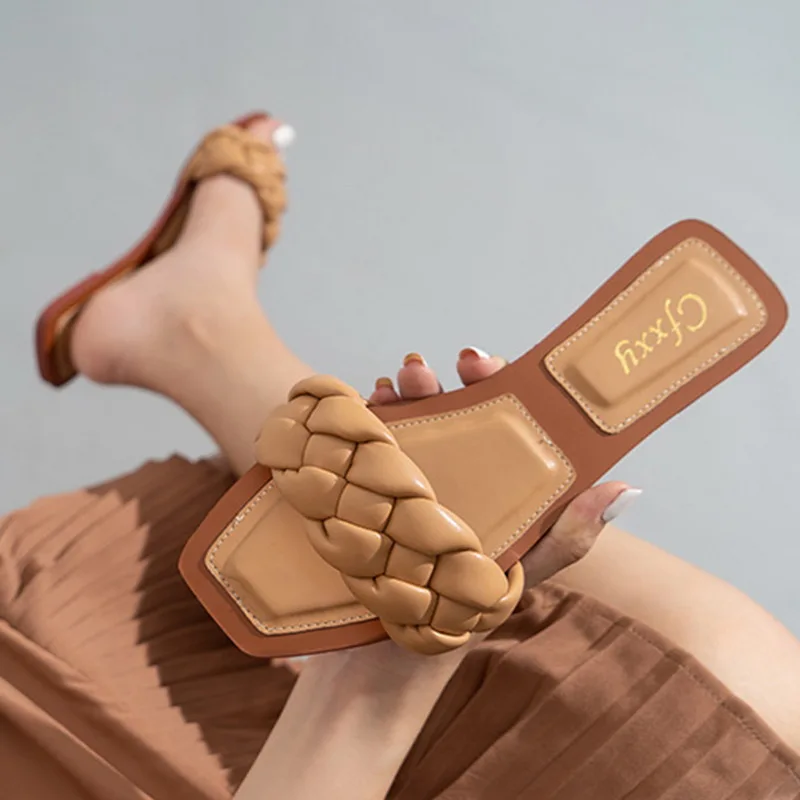

2021 Fashion Flat Slippers Women Weave Slides Sandal Ladies Mules Outdoor Beach Lady Shoes Woman Home Slippers Female Flip Flops